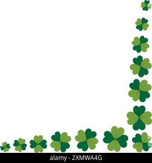 Round frame of clover leaves with four petals in monochrome green with copy space. Template Isolated on white. Lettering, inscriptions, cards, posters, banner, price tag or web Vector design concept Stock Vector