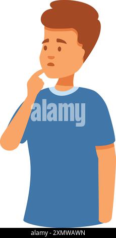 Young man is deep in thought, touching his face with a thoughtful expression Stock Vector