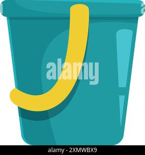 Green plastic bucket with yellow handle standing upright, for playing with sand on the beach Stock Vector