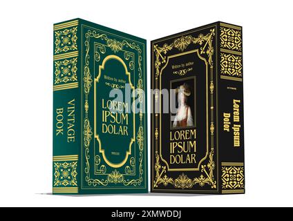 Two books. Cover book for medieval novel. Old retro ornament frames. Royal Golden style design. Vintage Border to be printed on the covers of books. V Stock Vector