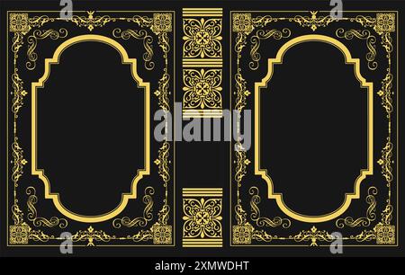 Cover book for medieval novel. Old retro ornament frames. Royal Golden style design. Vintage Border to be printed on the covers of books. Vector illus Stock Vector