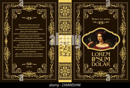 Cover book for medieval novel. Old retro ornament frames. Royal Golden style design. Vintage Border to be printed on the covers of books. Vector illus Stock Vector