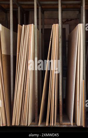 Large rectanguler wood panels stacked up together in display Stock Photo