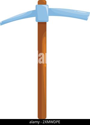 Cartoon pickaxe standing up, with wooden handle and metal head, isolated on white background Stock Vector