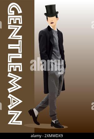 Vintage Gentleman Wearing Top Hat. Vector 3d color illustration Stock Vector