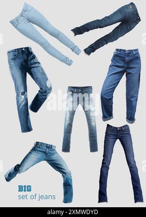 Big set of men's and women's jeans in front, back and side views. Isolated on white. Casual style. Vector illustration for your fashion design. Stock Vector