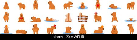 Capybara icons set. Collection of adorable capybara in various poses and actions, showcasing the charm of this giant rodent species Stock Vector