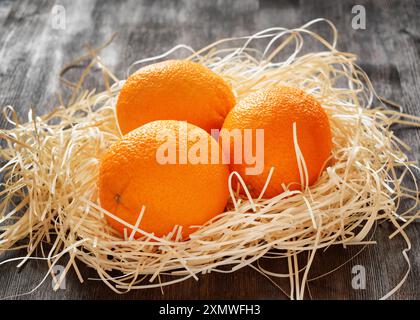 Three oranges in straw on a table. Stock Photo