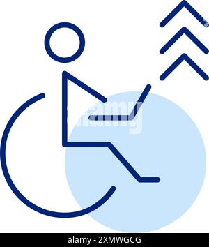 Person in wheelchair working at laptop and arrows up. Inclusion and opportunities. Career and personal success and independence. Pixel perfect Stock Vector