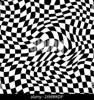 Trippy checkerboard, wavy optical illusion checker seamless pattern background. Vector monochrome mesmerizing swirl. Undulating, abstract distorted ps Stock Vector