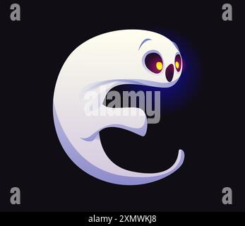 Letter E Halloween ghost font, scary typeface, horror evil type, spooky monster alphabet. Vector holiday kid abc spook character floating in the night Stock Vector