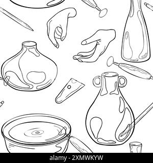 Women hands and pottery items black white vector hand drawn seamless pattern isolated. Two hands, jug and clay dishes in contour on endless background Stock Vector