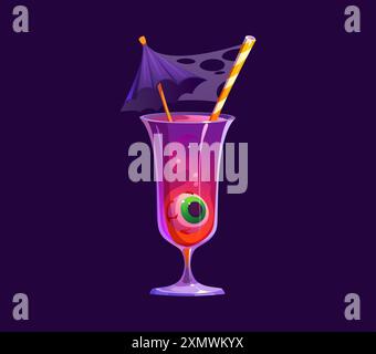 Cartoon Halloween cocktail, vector chilling drink featuring floating eyeball and a dark umbrella garnish with spiderweb and striped straw, served in a Stock Vector