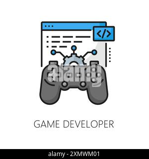 Game developer job, IT specialist career, web development vacancy outline color icon. Game software programming job, application development career ou Stock Vector