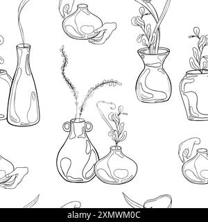 Clay vases with plant branches black white vector seamless pattern isolated. Ink silhouette pot and floral elements in line art endless background Stock Vector