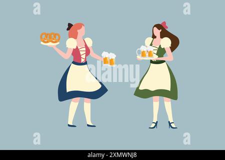 Oktoberfest girls in national German traditional clothes with glass of beer. Vector cartoon illustration. Stock Vector