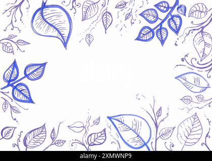 Horizontal frame of various leaves and decorative curls. Drawn linearly. Blue and purple color. The leaves are veined with thin lines. Doodle. Suitable for a wedding invitation. Stock Photo