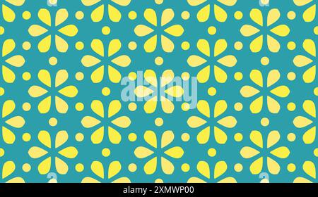Geometric seamless pattern of yellow flowers on a turquoise background Stock Vector