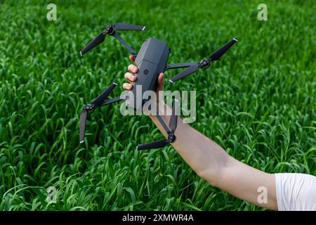 The guy holds a quadrocopter in his hand against the background of young green wheat Stock Photo