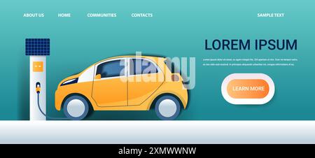 Electric car charging station paper cut style. Yellow car connected to a charging station on a gradient blue background with buttons and navigation Stock Vector