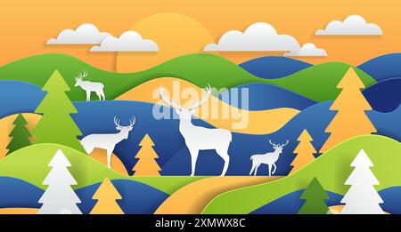 Deer in colorful landscape sunset hills trees clouds paper cut style Stock Vector