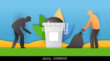 People cleaning environment trash bin paper cut style. Two figures picking up litter near a large trash bin with colorful leaves in the background Stock Vector