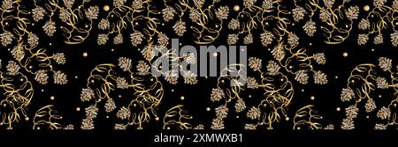 Seamless Festive New Year Pattern. Pine Cones with Golden Ribbons, Garlands, Beads on Black Background. Watercolor Illustration. For Wrapping Paper, B Stock Photo