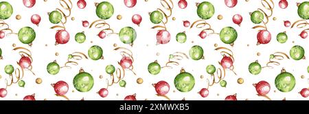 Seamless Pattern on Christmas New Year Theme. Christmas Balls Green and Red, Gold Garlands, Beads. On White Background. Watercolor Illustration. For W Stock Photo