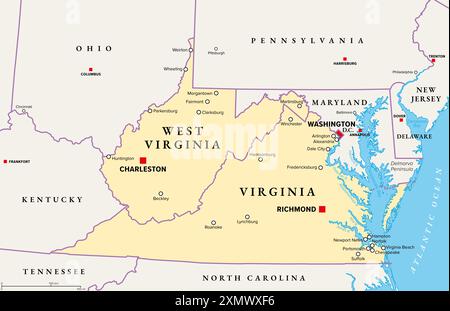 The Virginias, political map. Virginia and West Virginia, two states in the Southeastern and Mid-Atlantic regions of the United States. Stock Photo