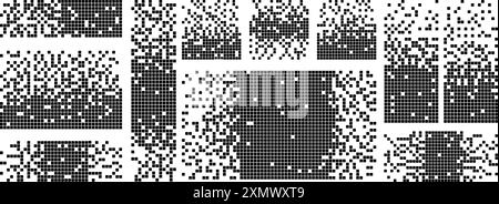 Set of black and white decay backgrounds. Geometric pixel mosaic textures with square particles. Vector illustration. Stock Vector