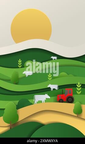 Farm landscape with cows and tractor. Rolling green hills yellow sun trees and plants in paper cut style. Rural scenery with agricultural elements Stock Vector