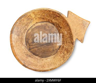 Empty vintage wooden plate isolated on white, top view, with clipping path Stock Photo