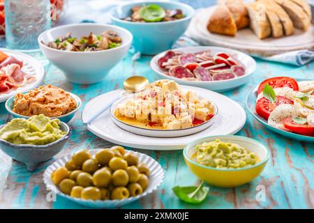 Picnic table with assorted appetizers, raw vegetables, cheese, dips, baguette and pastrami and serrano platter Stock Photo