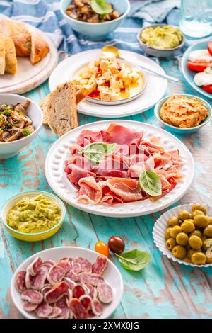 Picnic table with assorted appetizers, raw vegetables, cheese, dips, baguette and pastrami and serrano platter Stock Photo