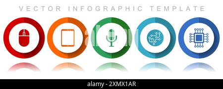 Technology vector icon collection, miscellaneous icons such as computer mouse, tablet, microphone, chip and cpu, flat design infographic template in e Stock Vector