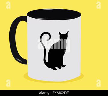 Vector illustration of white mug ceramic cup with picture of black cat Stock Vector