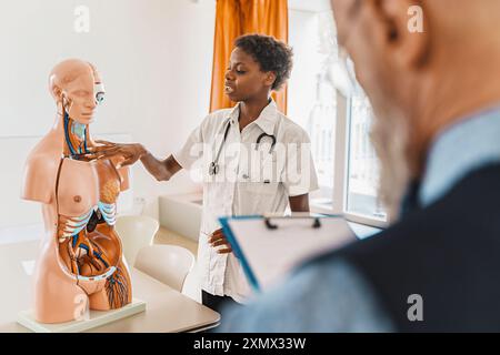 Young African American female doctor explaining human anatomy using anatomical model to colleagues or students. Medical professional demonstrating int Stock Photo