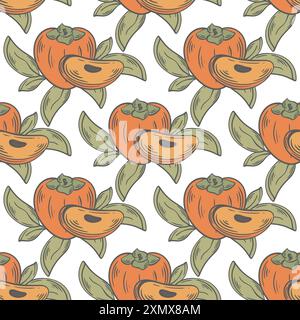 Ripe persimmon whole fruits and parts seamless pattern. Vintage engraving background with fresh orange fruits and leaves. Healthy organic food print Stock Vector