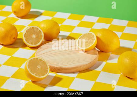 High angle shot a wooden tray without anything above, displayed on a table with yellow checkered pattern, over green background. Creative template for Stock Photo