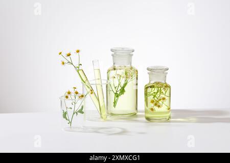 Bottles of Daisy’s flower oil - extracted from the flower of the blossom standing by a transparent beaker with 2 flasks in. Daisy Flower Oil is a natu Stock Photo