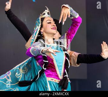 Istanbul, Turkey June 06 2024: Azerbaijan folk dance group dancing in their traditional costumes at the cultural festival in Istanbul Stock Photo