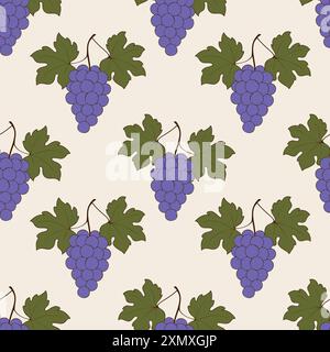 Purple grape seamless pattern, contour doodle drawing of grape berries and leaves. Vector illustration Stock Vector