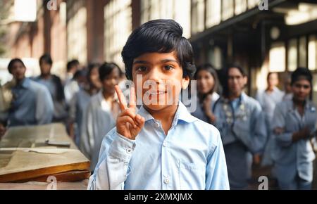 Portrait of cute little schoolgirl showing victry sign with classmates in background at classroom Stock Photo