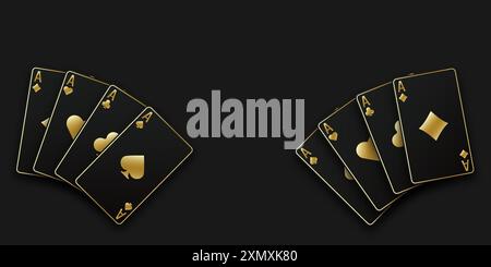 A hand fan of playing cards consisting of black and golden Ace of Spades, Diamonds, Clubs, Hearts. Vector illustration poker and casino of all the ace Stock Vector