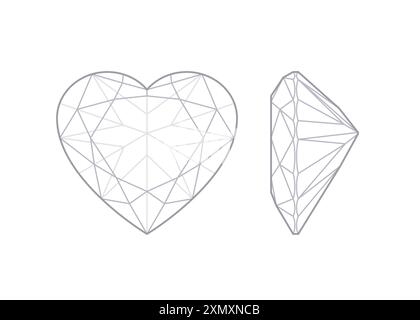 Heart shaped precious gemstone top and side views. Outline icon with editable stroke. Vector illustration Stock Vector