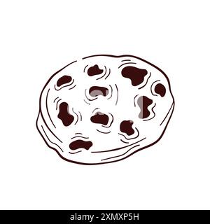 Chocolate chip cookie in line art style. Crunch homemade biscuit design for bakery. Vector illustration isolated on a white background. Stock Vector