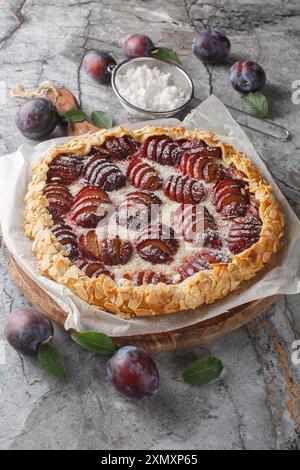 Summer plum galette with almonds and powdered sugar close-up on wooden board on table. Vertical Stock Photo