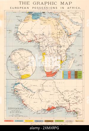 1884 map - The graphic map of European possessions in Africa by E.G. Ravenstein.  : Map showing the following European possessions in Africa: British , French, Portuguese , Spanish , Italian , German , Independent Dutch Africa , African Stock Photo