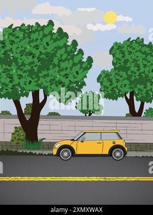 Vector illustration of dark yellow hatchback car parked on road. Stock Vector