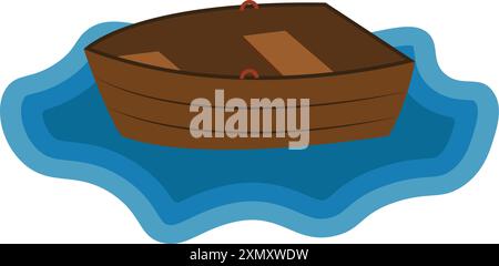 Vector illustration of small wooden boat on blue water. Stock Vector